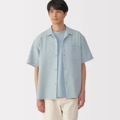 Men's Breathable Seersucker Open Collar Short Sleeve Shirt