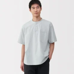 Men's Cool Touch Henley Neck Short Sleeve Woven Striped T-Shirt