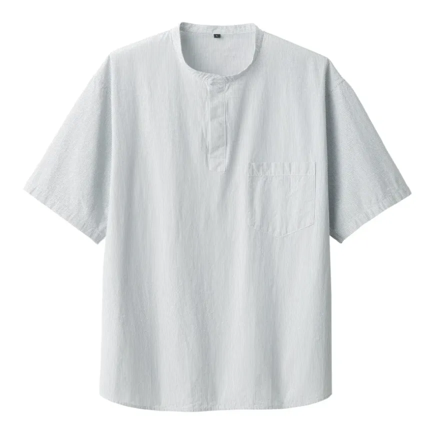 Men's Cool Touch Henley Neck Short Sleeve Woven Striped T-Shirt