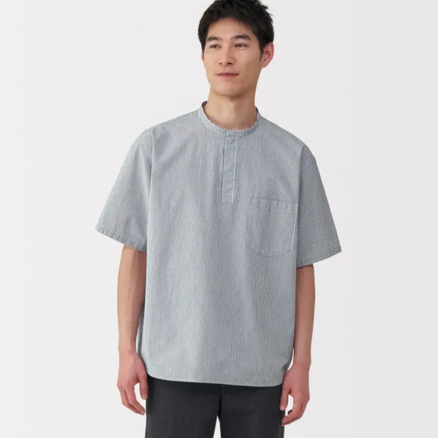 Men's Cool Touch Henley Neck Short Sleeve Woven Striped T-Shirt