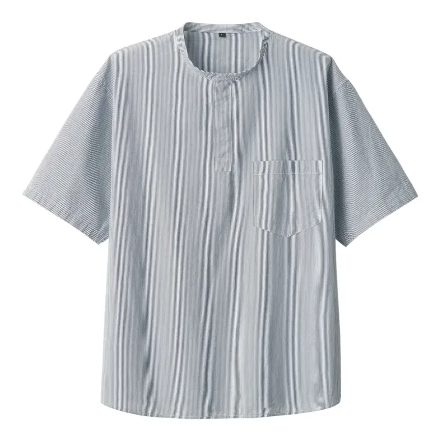 Men's Cool Touch Henley Neck Short Sleeve Woven Striped T-Shirt