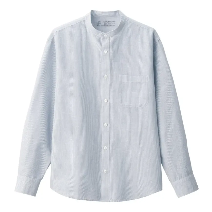 Men's Hemp Cotton Stand Collar Striped Shirt