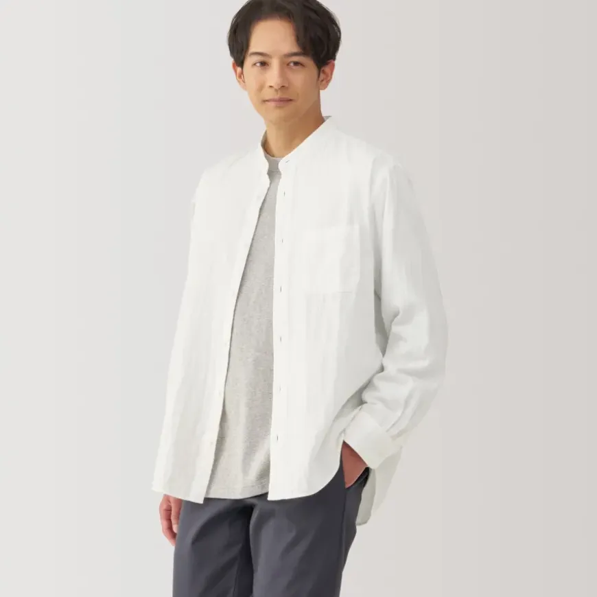 Men's Kapok Blend Double Gauze Stand Collar Long Sleeve Shirt