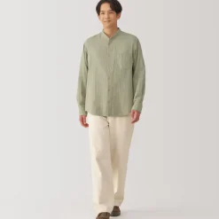 Men's Kapok Blend Double Gauze Stand Collar Long Sleeve Shirt