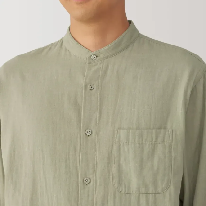 Men's Kapok Blend Double Gauze Stand Collar Long Sleeve Shirt