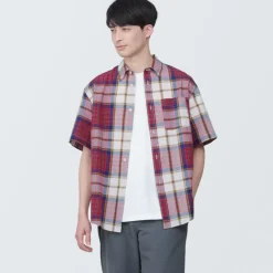 Men's Madras Check Button Down Short Sleeve Shirt