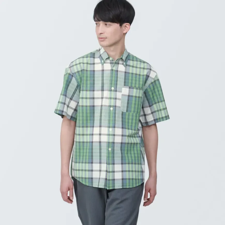Men's Madras Check Button Down Short Sleeve Shirt
