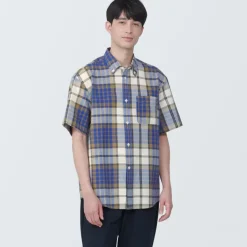 Men's Madras Check Button Down Short Sleeve Shirt