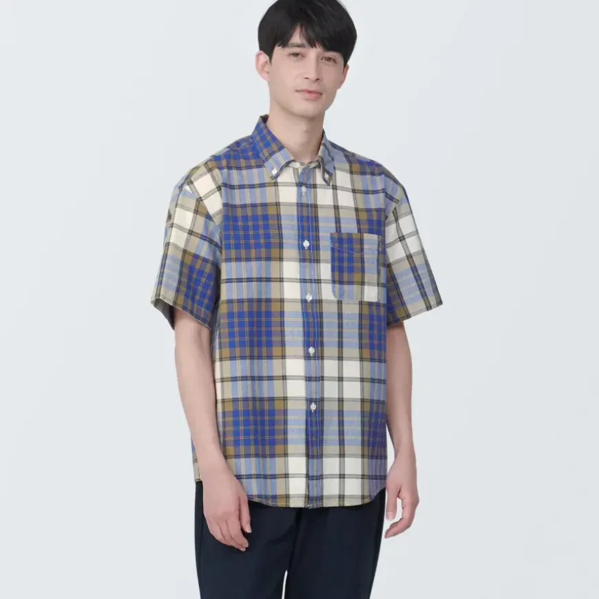 Men's Madras Check Button Down Short Sleeve Shirt