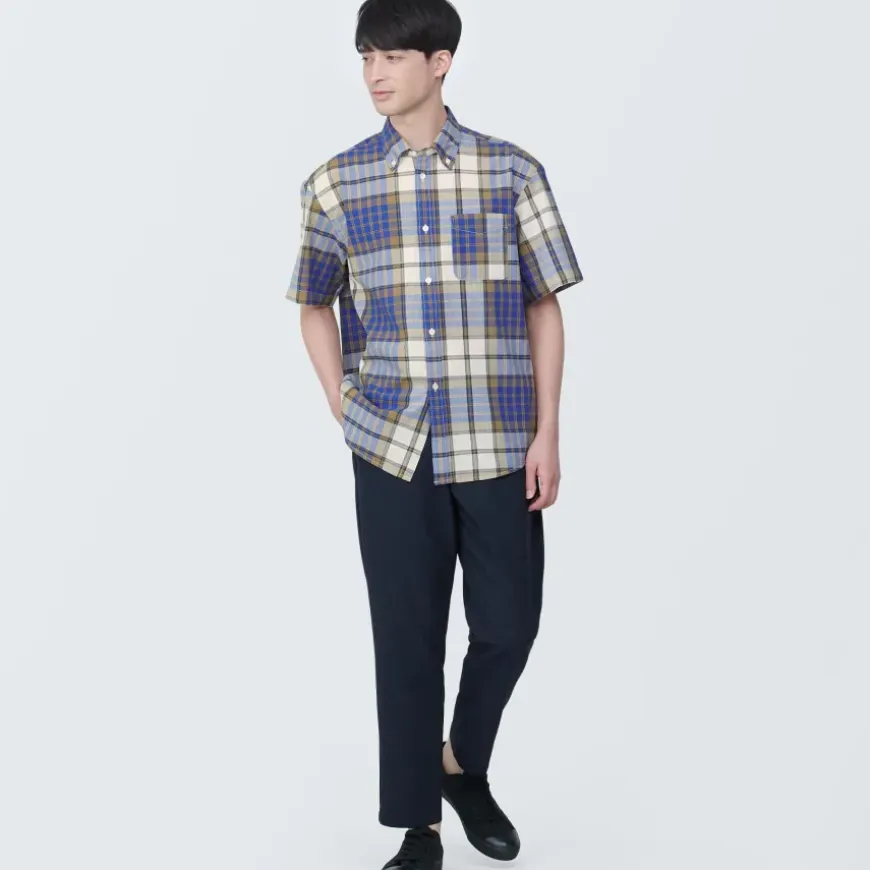 Men's Madras Check Button Down Short Sleeve Shirt