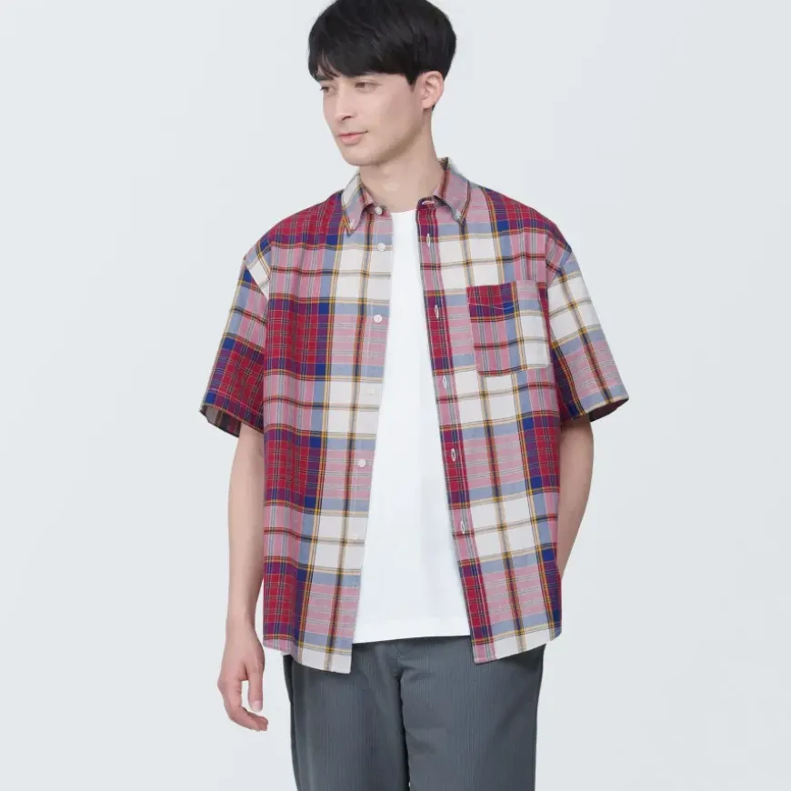 Men's Madras Check Button Down Short Sleeve Shirt