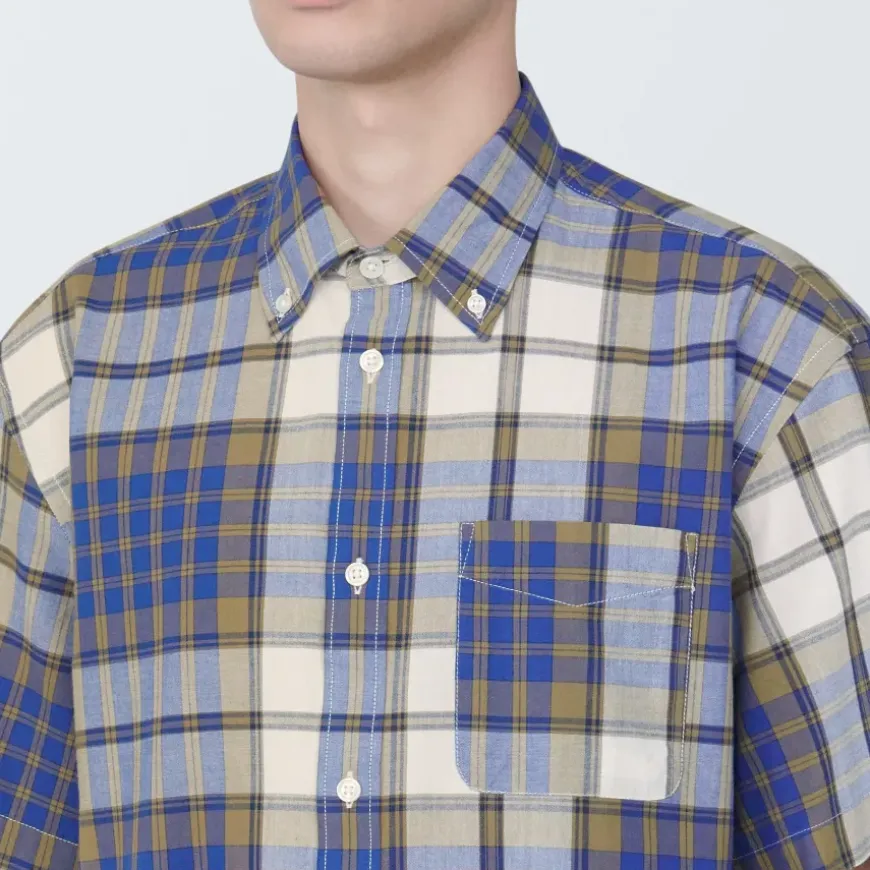 Men's Madras Check Button Down Short Sleeve Shirt