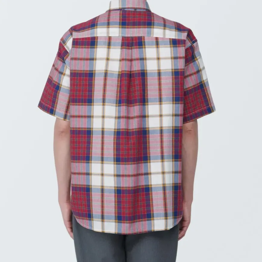 Men's Madras Check Button Down Short Sleeve Shirt