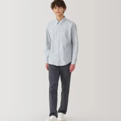 Men's Washed Oxford Button Down Long Sleeve Striped Shirt