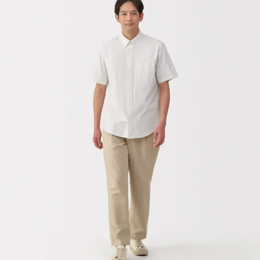 Men's Washed Oxford Button Down Short Sleeve Striped Shirt