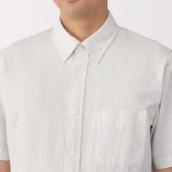 Men's Washed Oxford Button Down Short Sleeve Striped Shirt