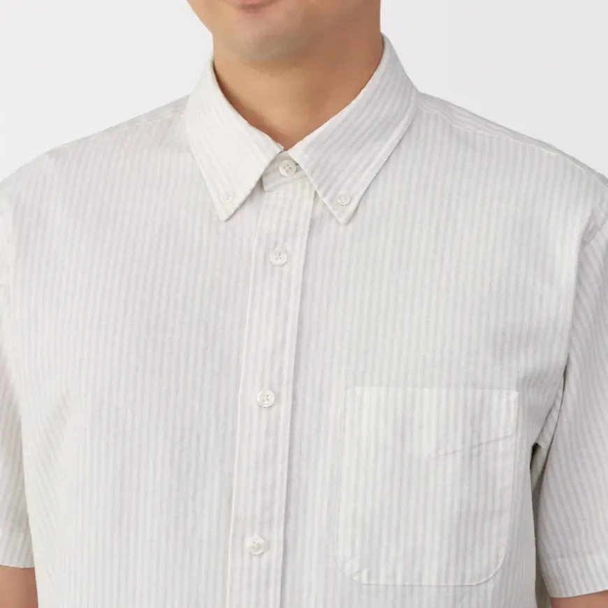 Men's Washed Oxford Button Down Short Sleeve Striped Shirt