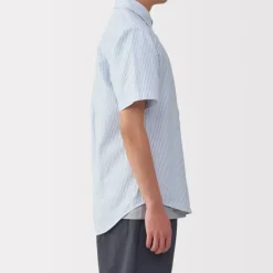 Men's Washed Oxford Button Down Short Sleeve Striped Shirt