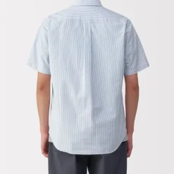 Men's Washed Oxford Button Down Short Sleeve Striped Shirt