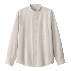 Men's Washed Oxford Stand Collar Long Sleeve Striped Shirt