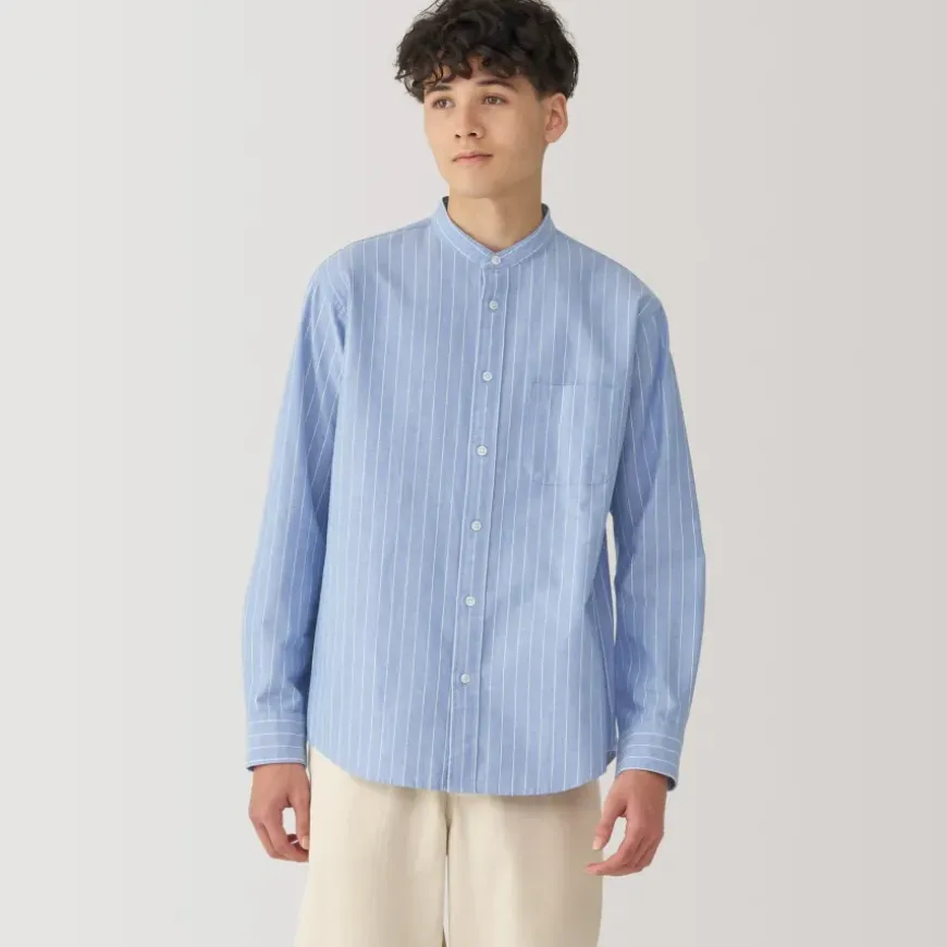 Men's Washed Oxford Stand Collar Long Sleeve Striped Shirt