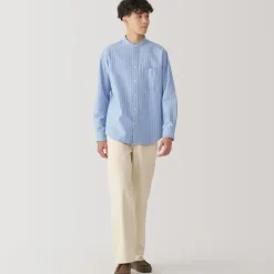 Men's Washed Oxford Stand Collar Long Sleeve Striped Shirt