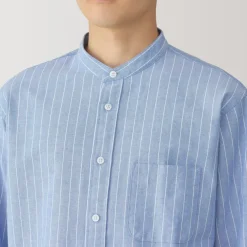Men's Washed Oxford Stand Collar Long Sleeve Striped Shirt