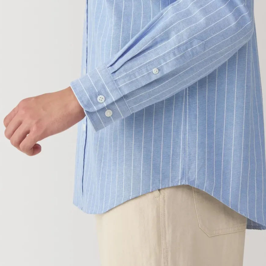 Men's Washed Oxford Stand Collar Long Sleeve Striped Shirt