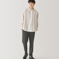 Men's Washed Oxford Stand Collar Long Sleeve Striped Shirt