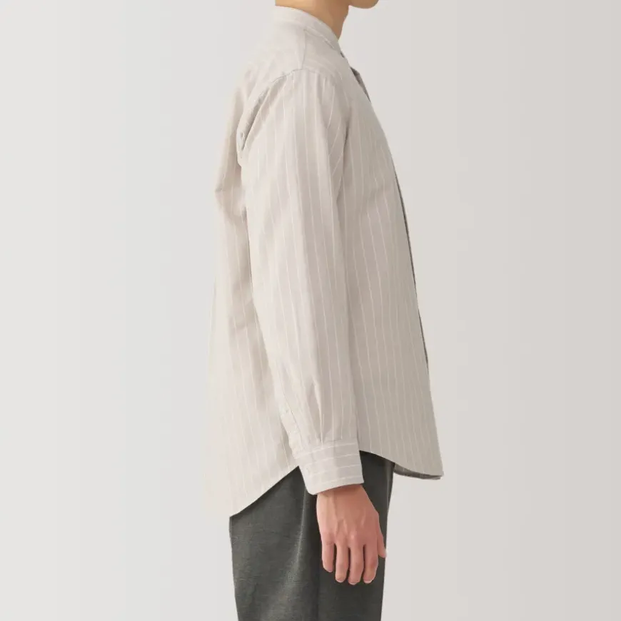 Men's Washed Oxford Stand Collar Long Sleeve Striped Shirt