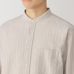 Men's Washed Oxford Stand Collar Long Sleeve Striped Shirt