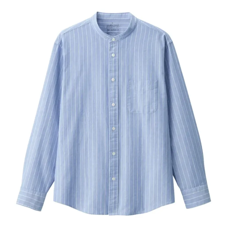 Men's Washed Oxford Stand Collar Long Sleeve Striped Shirt