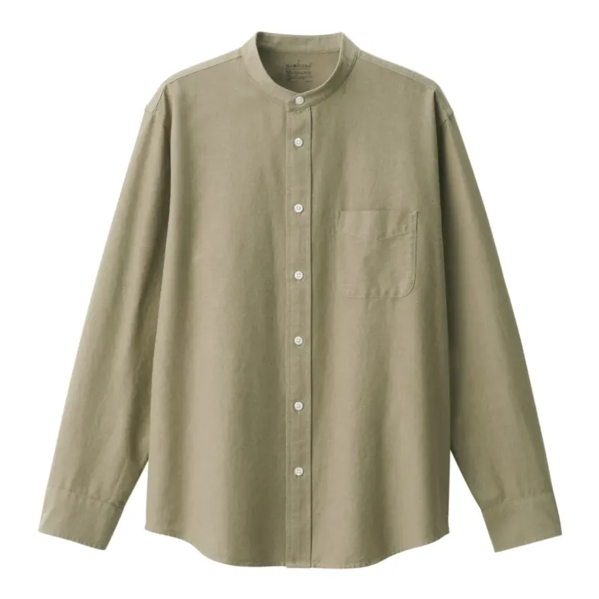 Men's Washed Oxford Stand Collar Long Sleeve Shirt