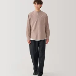 Men's Washed Oxford Stand Collar Long Sleeve Shirt