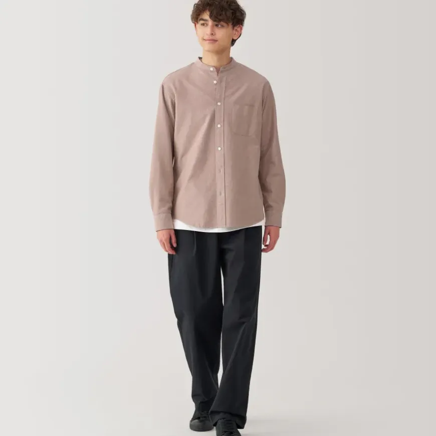 Men's Washed Oxford Stand Collar Long Sleeve Shirt