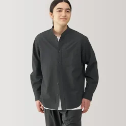 Men's Washed Oxford Stand Collar Long Sleeve Shirt
