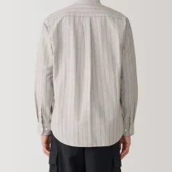 Men's Washed Oxford Stand Collar Long Sleeve Striped Shirt