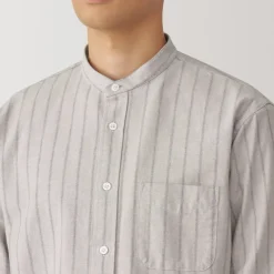 Men's Washed Oxford Stand Collar Long Sleeve Striped Shirt
