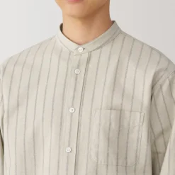 Men's Washed Oxford Stand Collar Long Sleeve Striped Shirt