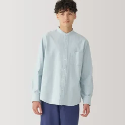 Men's Washed Oxford Stand Collar Long Sleeve Shirt
