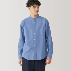 Men's Washed Oxford Stand Collar Long Sleeve Shirt