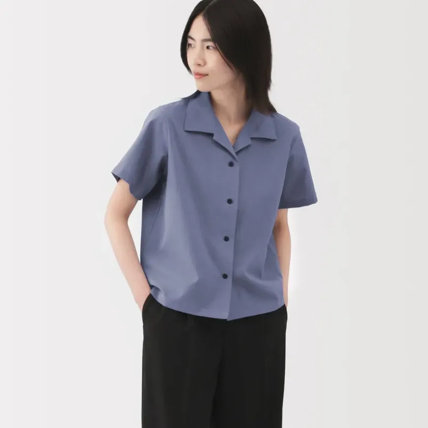 Women's Breathable Seersucker Open Collar Short Sleeve Shirt