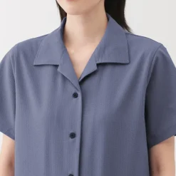 Women's Breathable Seersucker Open Collar Short Sleeve Shirt