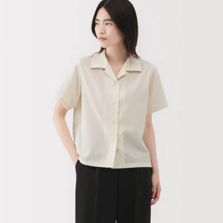 Women's Breathable Seersucker Open Collar Short Sleeve Shirt