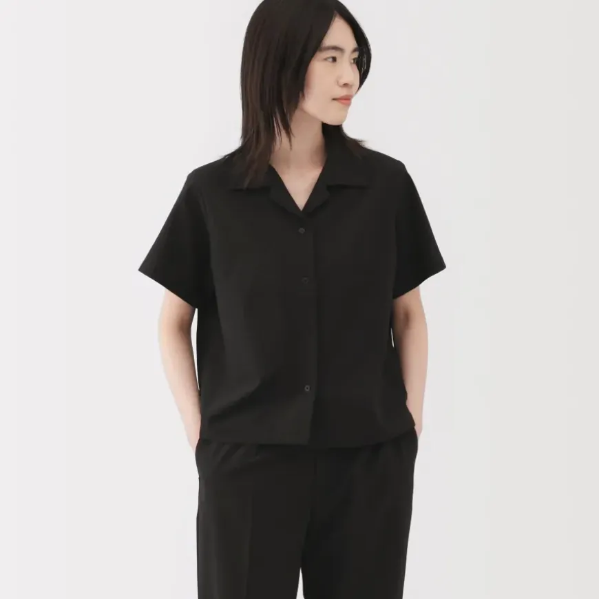 Women's Breathable Seersucker Open Collar Short Sleeve Shirt