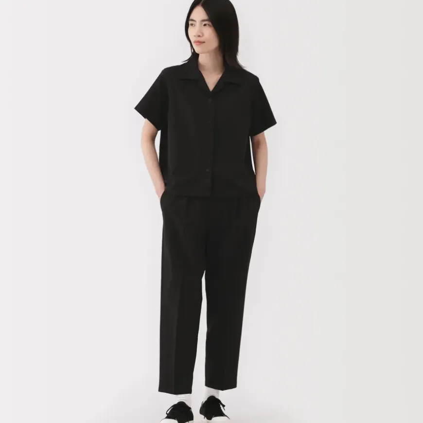 Women's Breathable Seersucker Open Collar Short Sleeve Shirt