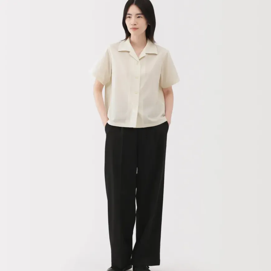Women's Breathable Seersucker Open Collar Short Sleeve Shirt