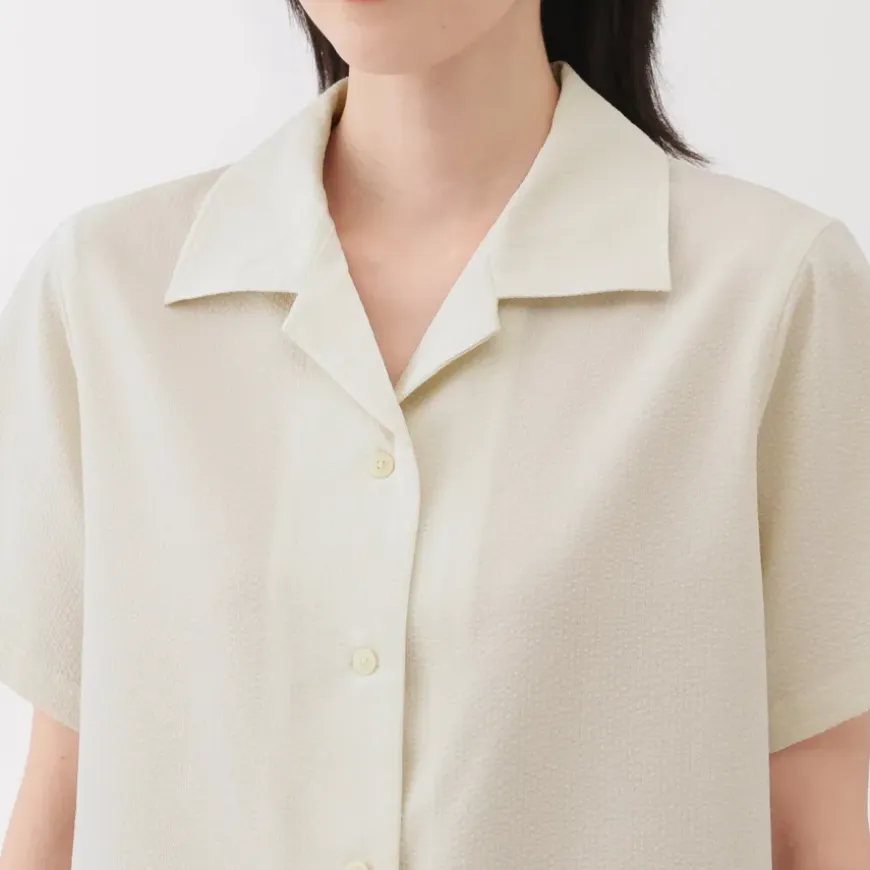 Women's Breathable Seersucker Open Collar Short Sleeve Shirt