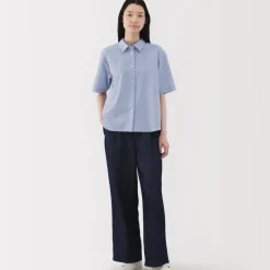 Women's Cool Touch Regular Collar Short Sleeve Striped Shirt