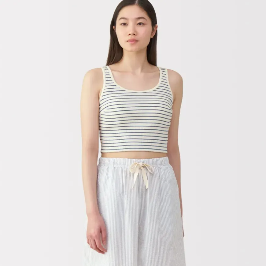 Women's Cotton Stretch Ribbed Cropped Bra Striped Tank Top
